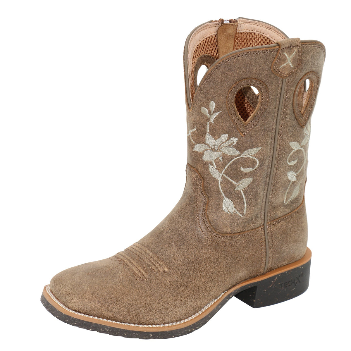 Brown cowboy boot with floral embroidery on a white background