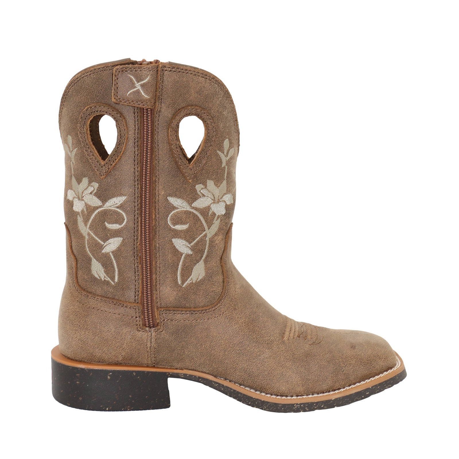 Brown cowboy boot with floral embroidery on a white background
