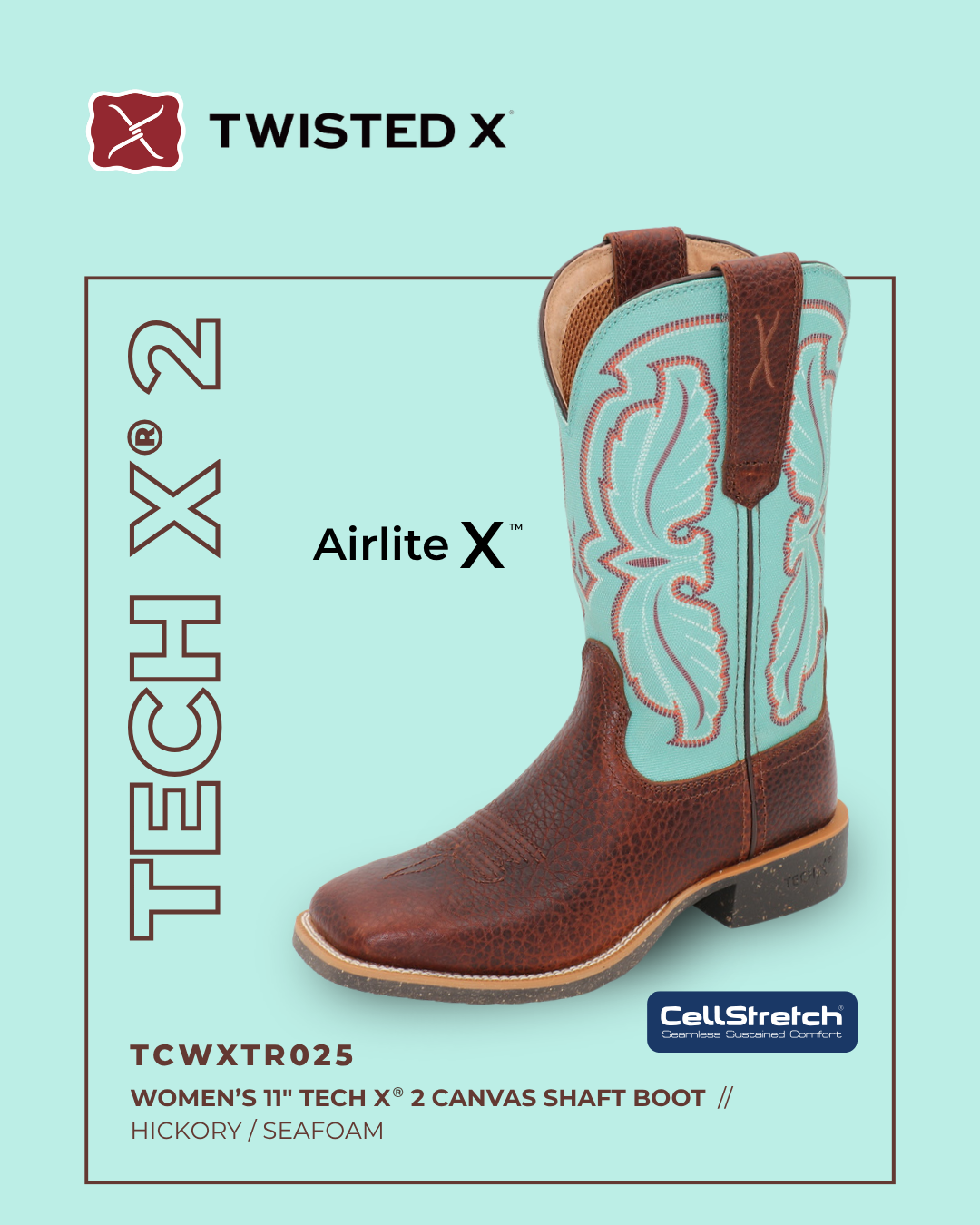 Brown and seafoam green cowboy boot with 'Twisted X' branding on a light blue background