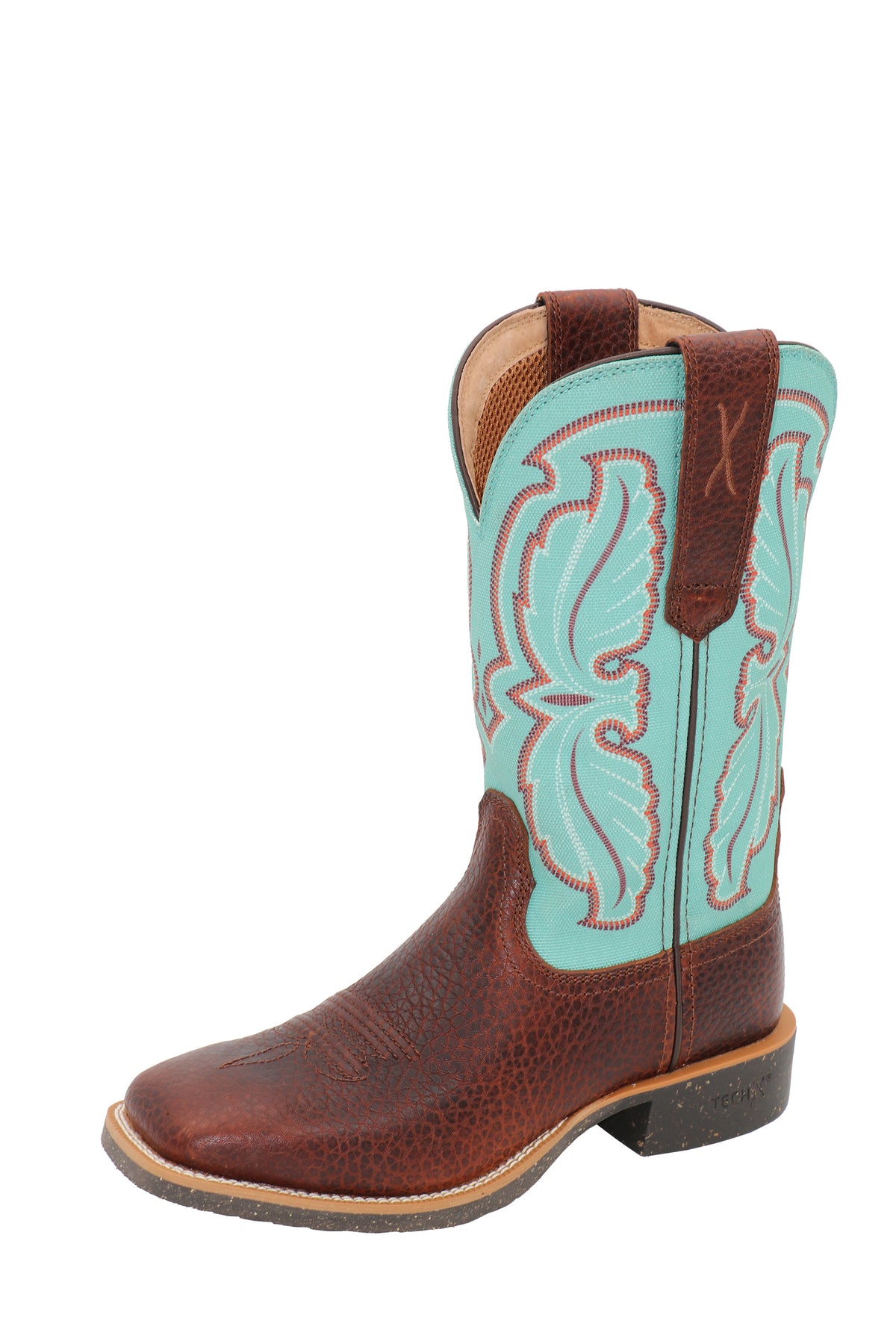 Brown and turquoise cowboy boot on a white background