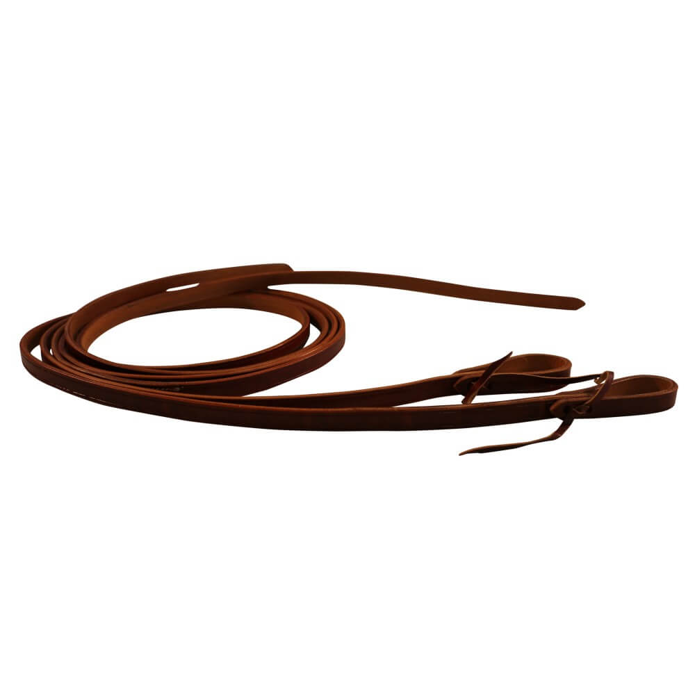 Texas-Tack 5/8" Oiled Pull-Up Split Reins 8' Reins. A brown leather rein with a slight waxy or oily finish, designed for equestrian use.