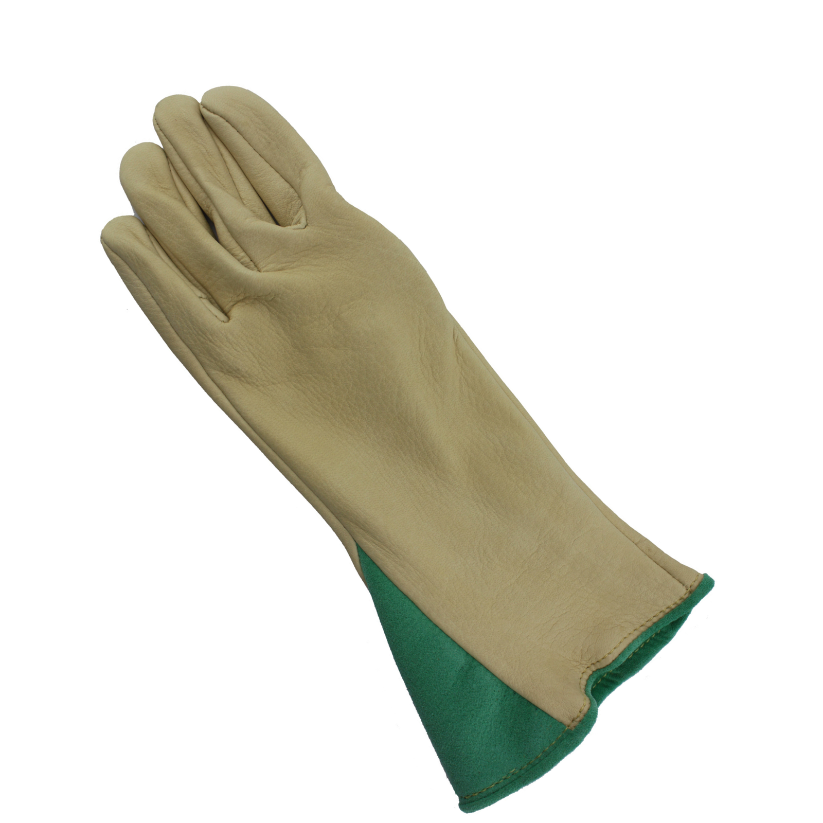 Tiffany 1" Cuff Bull Riding Glove. Beige work glove with green cuff on a white background