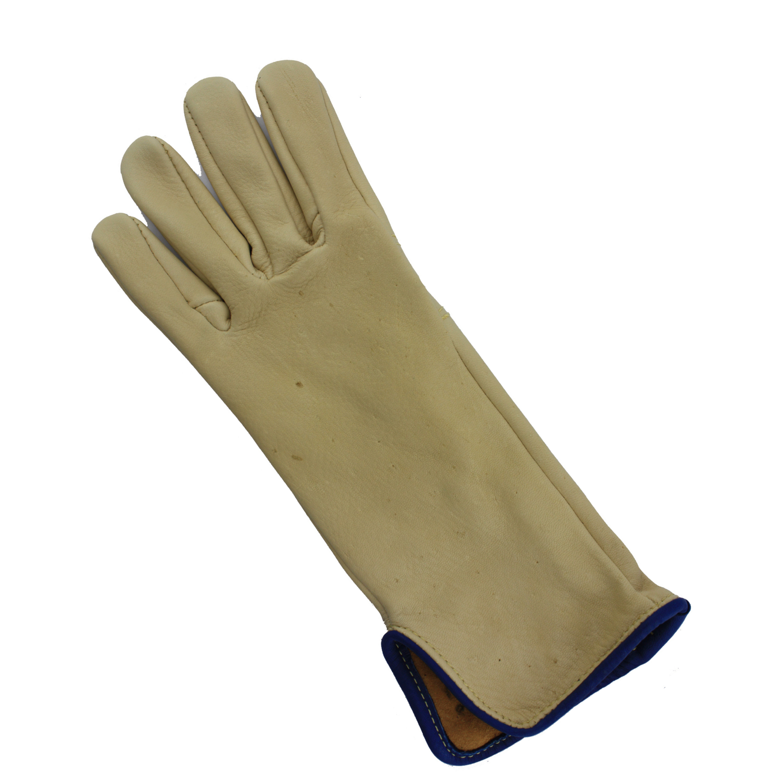 TIFF75. Beige work glove with blue cuff on a white background