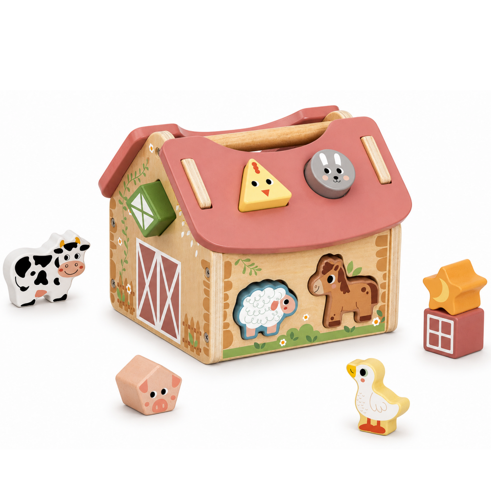 A children's wooden farm-themed toy set with a small barn house and several animal pieces, photographed on a clean white background.