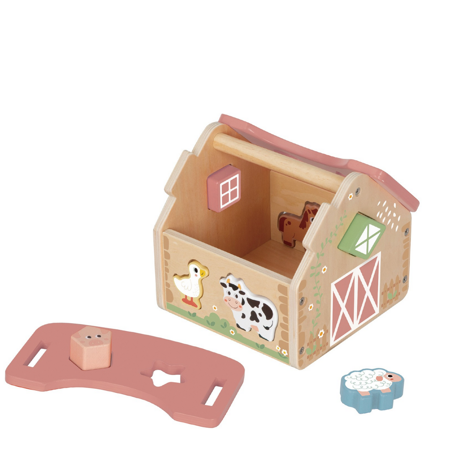 A children's wooden farm-themed toy set with a small barn house and several animal pieces, photographed on a clean white background.