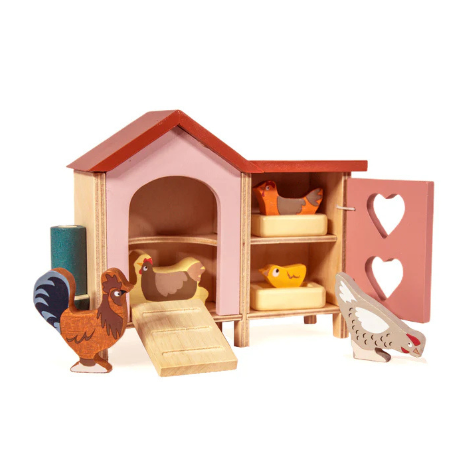 . Wooden toy chicken coop with open door, inside and outside chickens, on a white background