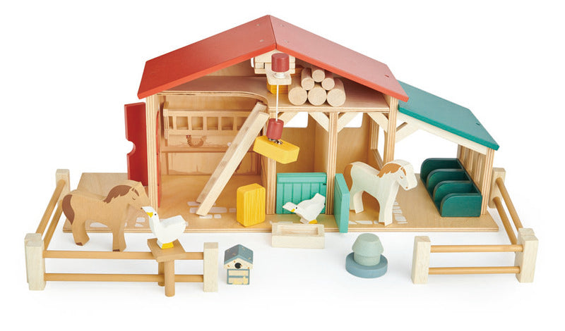 Kaleidoscope Tender Leaf Farm. Wooden toy barn set with animals and accessories on a white background