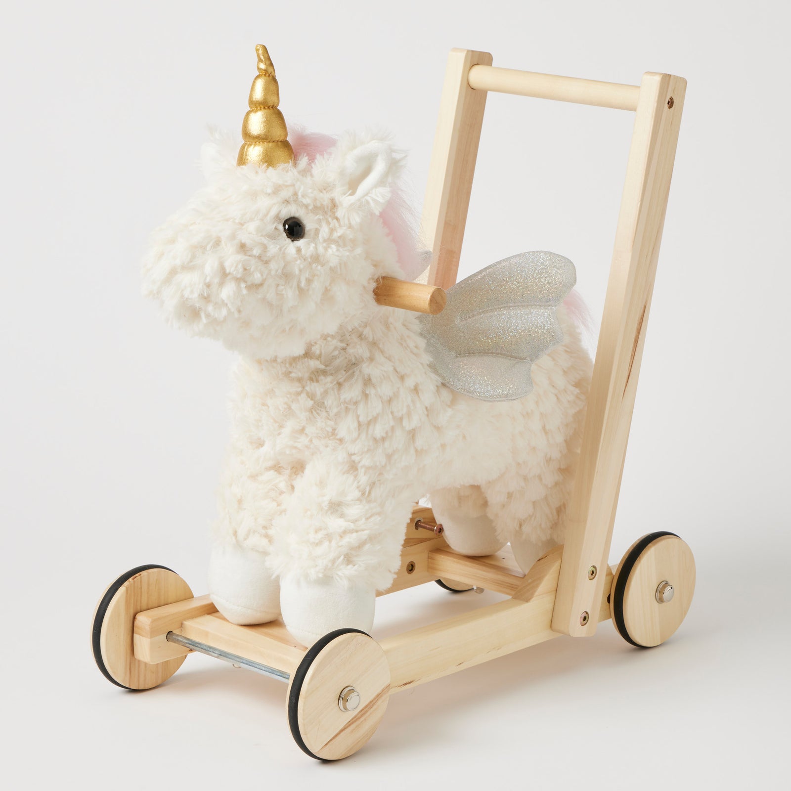Jiggle & Giggle Unicorn Walker. Plush unicorn toy with wooden wheels and handle on a white background
