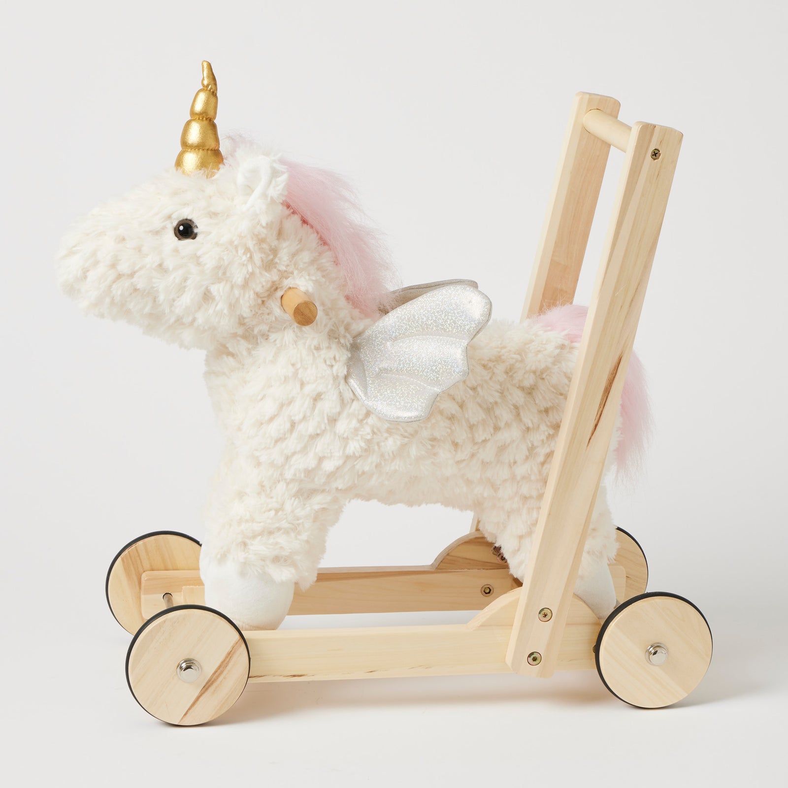 Jiggle & Giggle Unicorn Walker. Plush unicorn toy with wooden frame and wheels on a white background