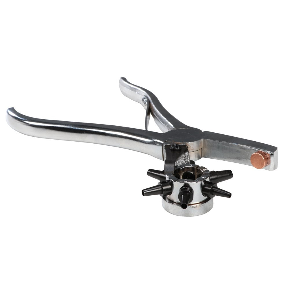 SS Deluxe Leather Punch. Metal tool with a handle and multiple prongs on a white background