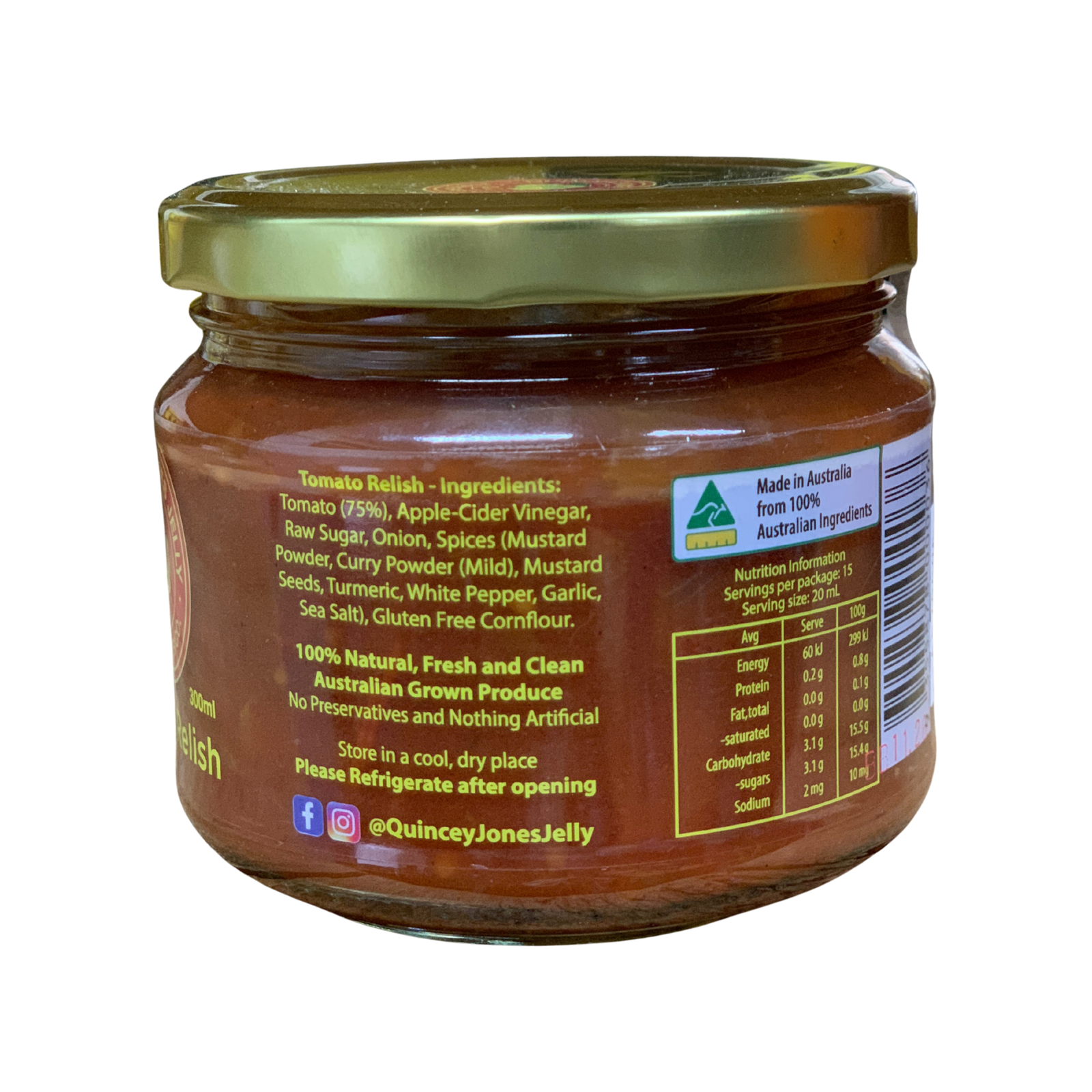 Quincey Jones 300ml Tomato Relish. Jar of Tomato Relish with Quincy Jones Jelly Preserve Co. label on a white background