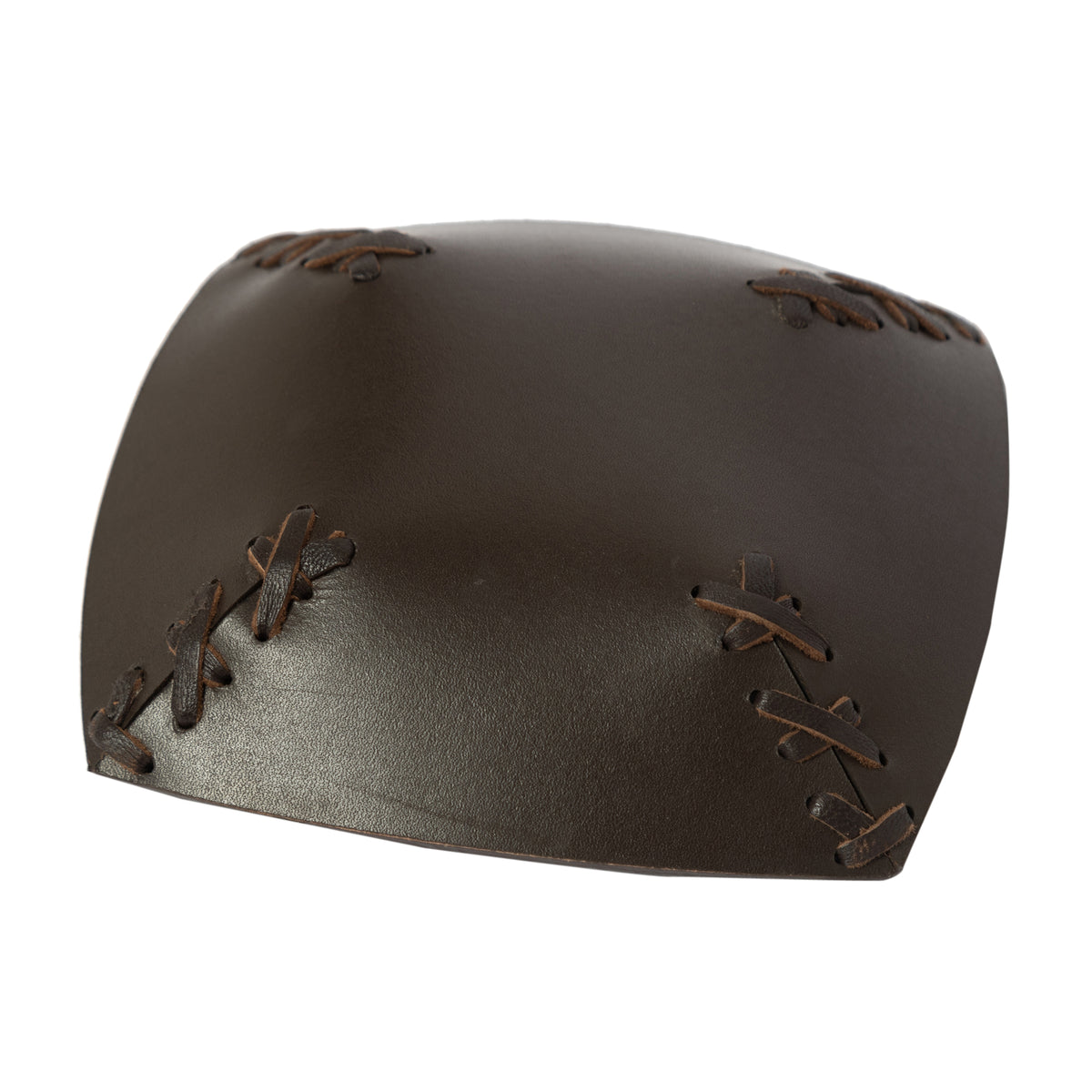 Brown leather cap with embroidered details on a white background