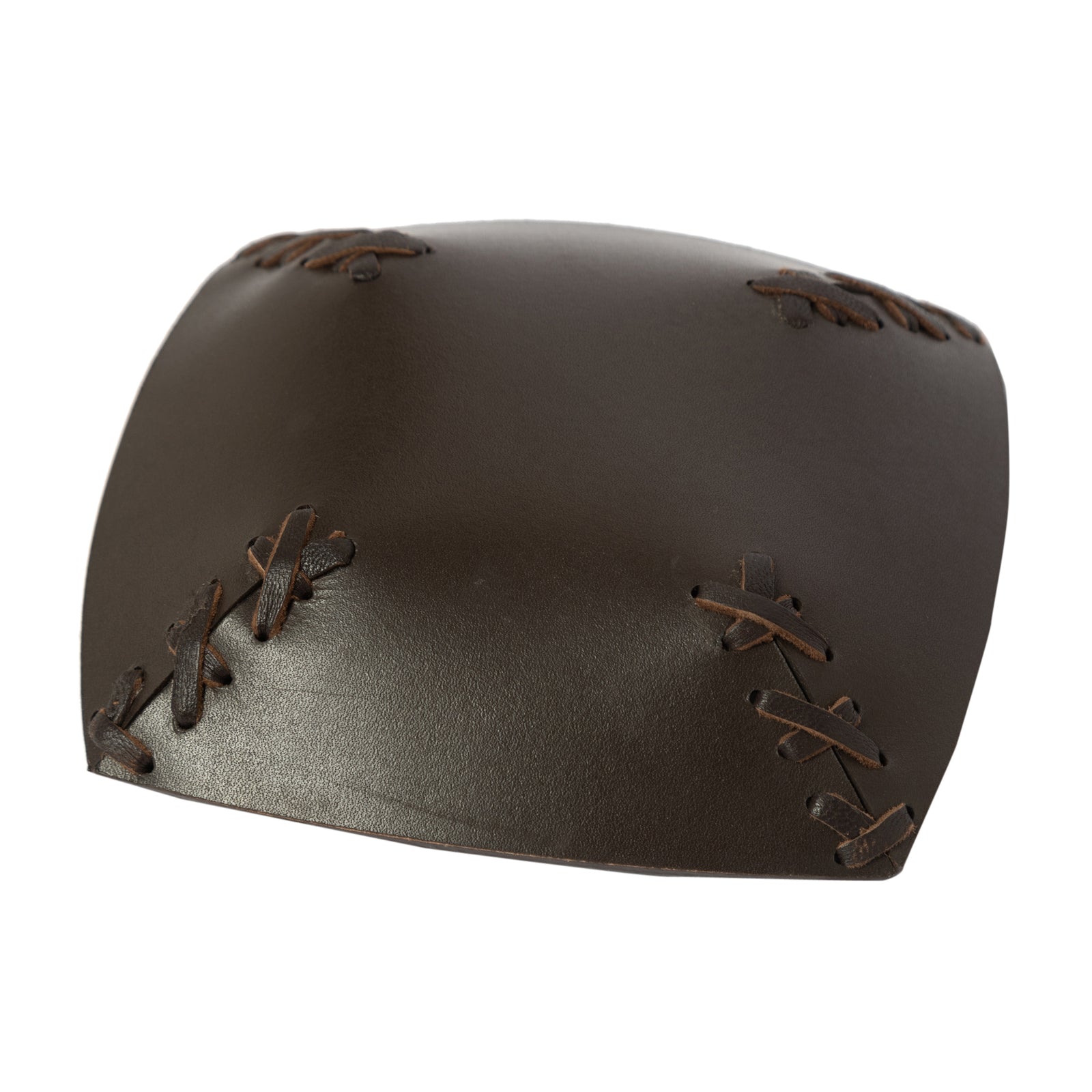 Brown leather cap with embroidered details on a white background