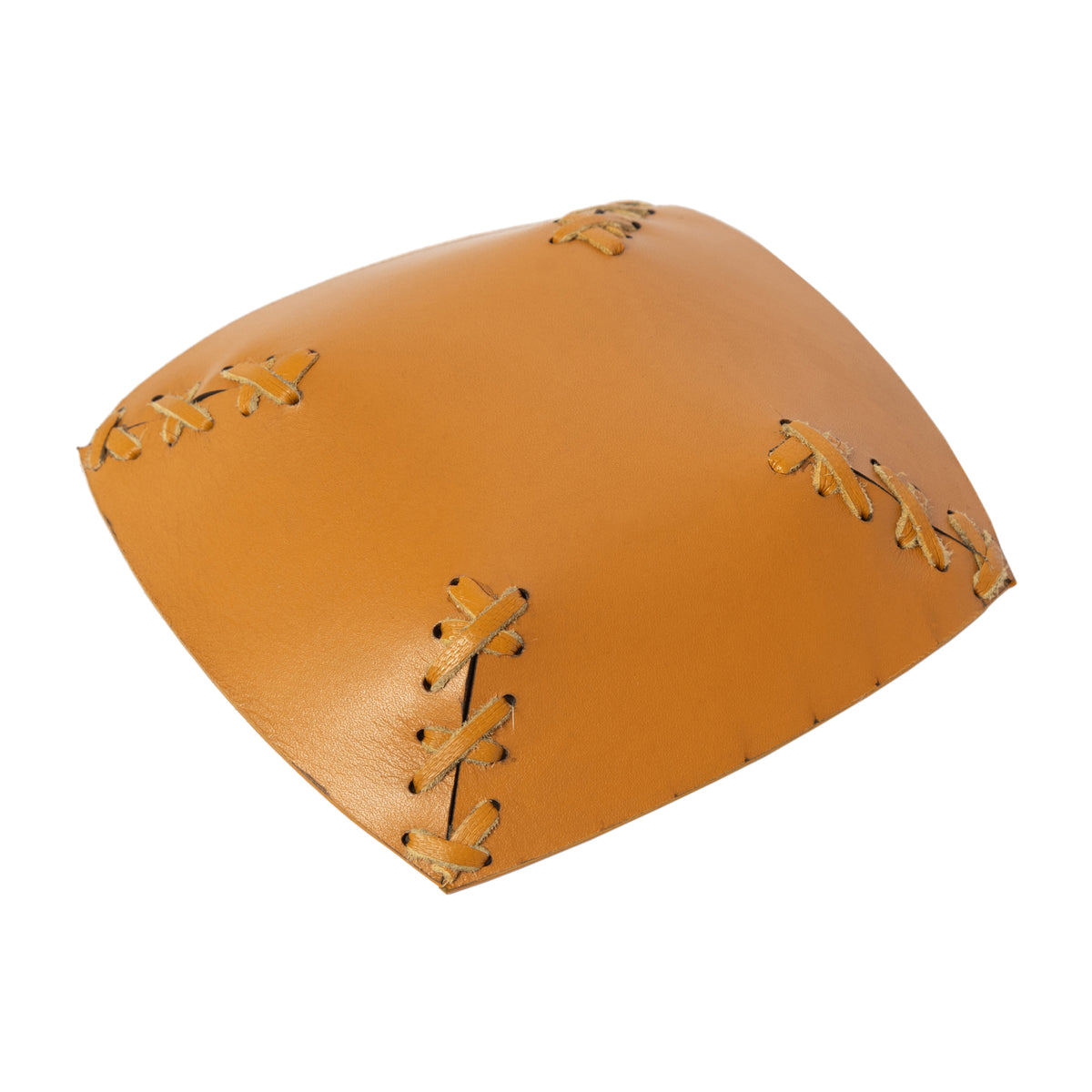 Brown leather bracer with stitching on a white background
