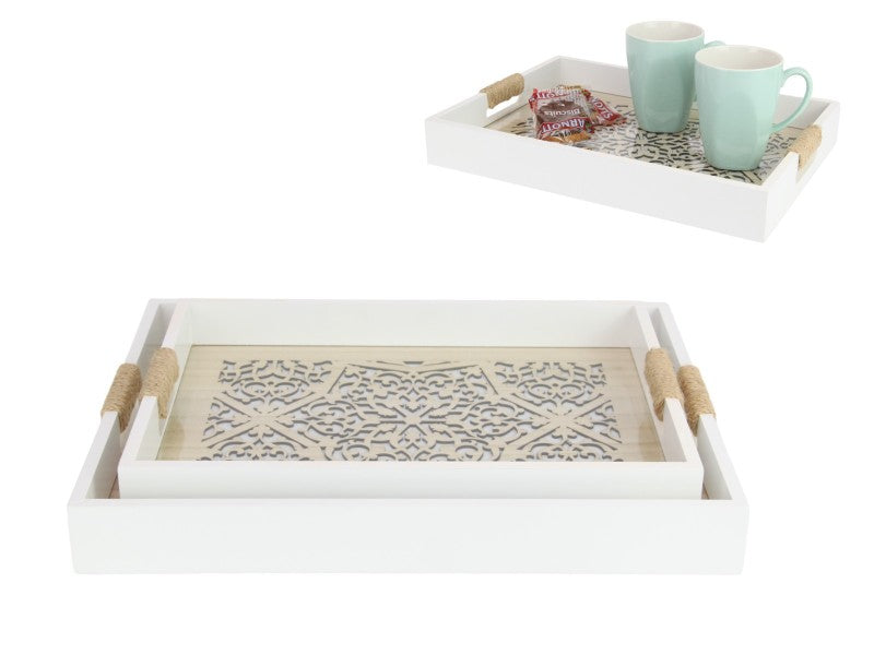 White Decor Tray - Set of 2. Two white trays with decorative patterns on a white background