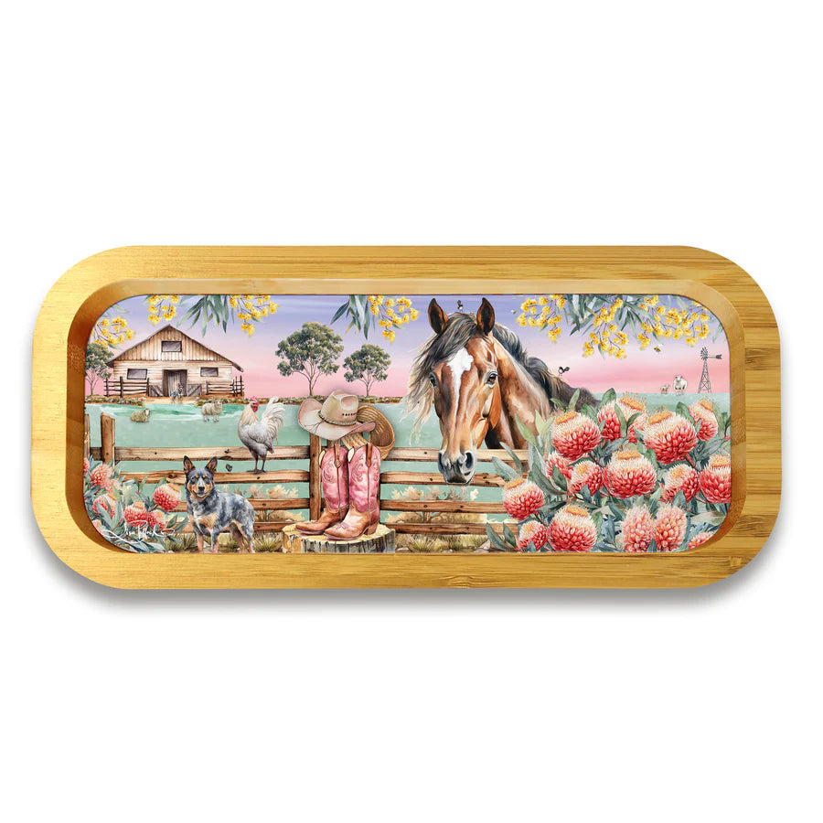 Lisa Pollock Country Dusk Trinket Tray. Decorative tray with a pastoral scene featuring a horse, cowgirl, and dog on a white background.