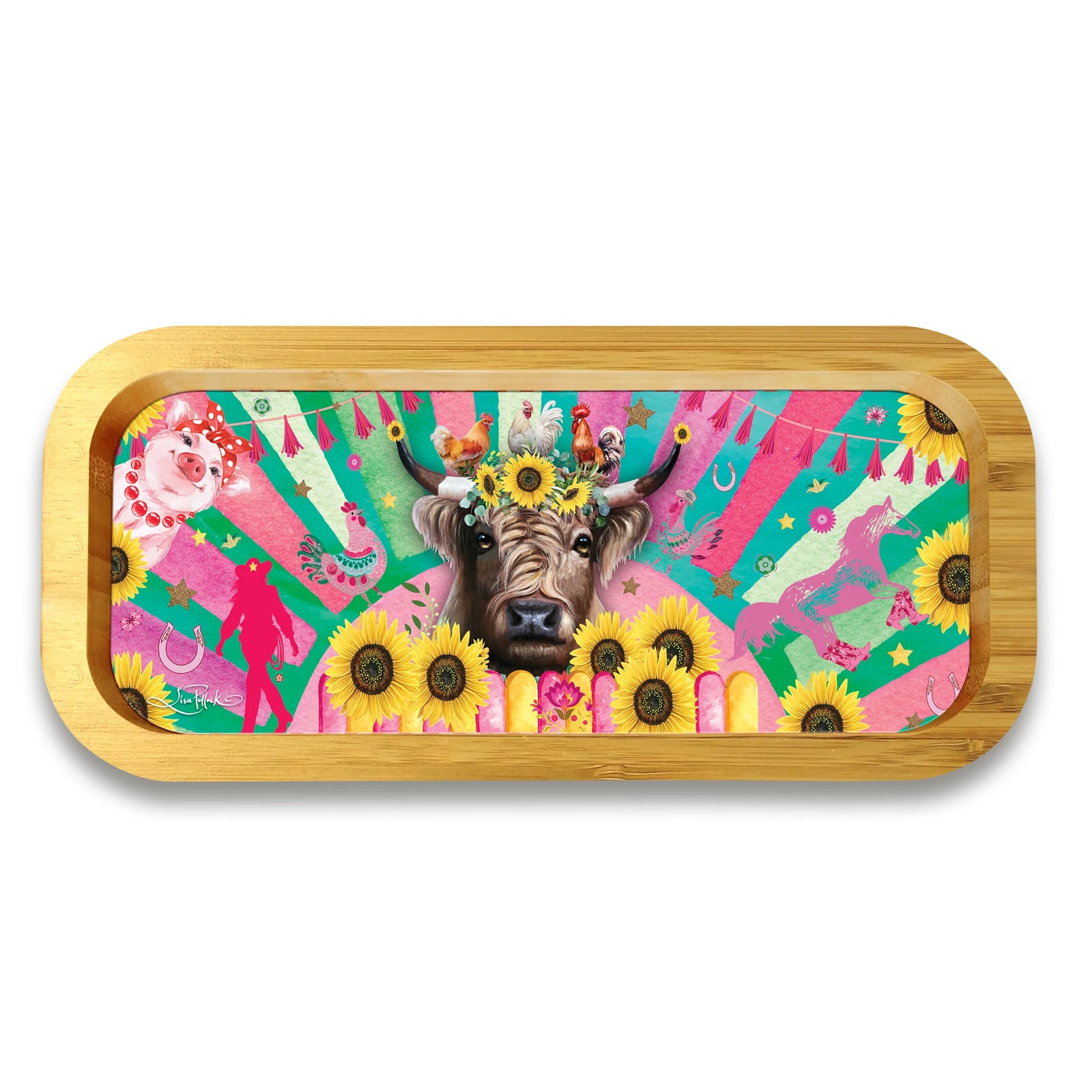 Lisa Pollock Carnival Cow Trinket Tray. Decorative tray with a colorful design featuring a cow, sunflowers, and abstract patterns on a white background.