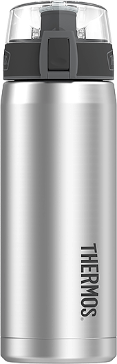 Vacuum Insulated Hydration Bottle. A silver Thermos brand vacuum insulated hydration bottle with a flip-up carry loop and push button lid.