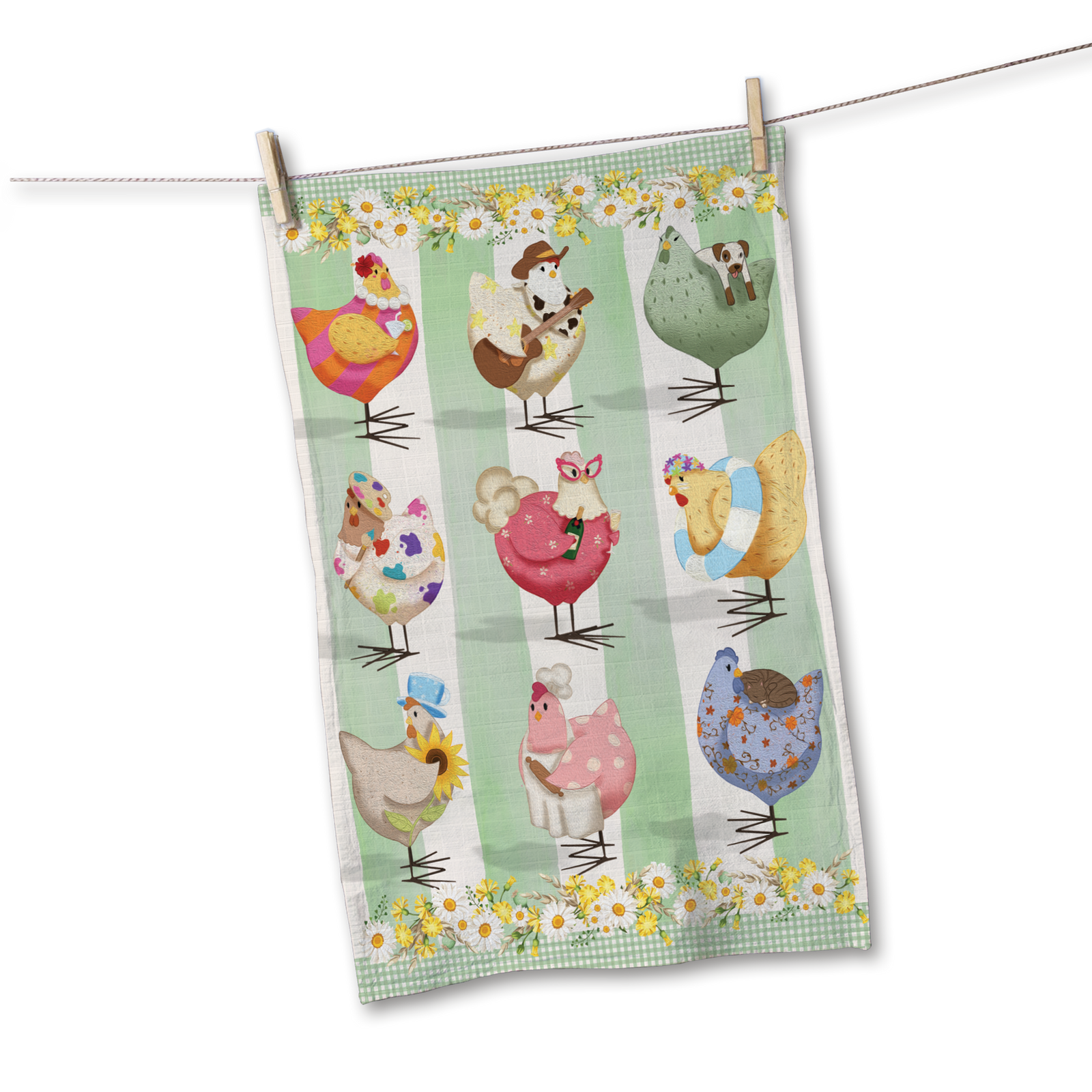 A fabric tea towel with a whimsical design of nine cartoon birds in various colors, hanging from a clothesline with wooden clothespins against a white background.
