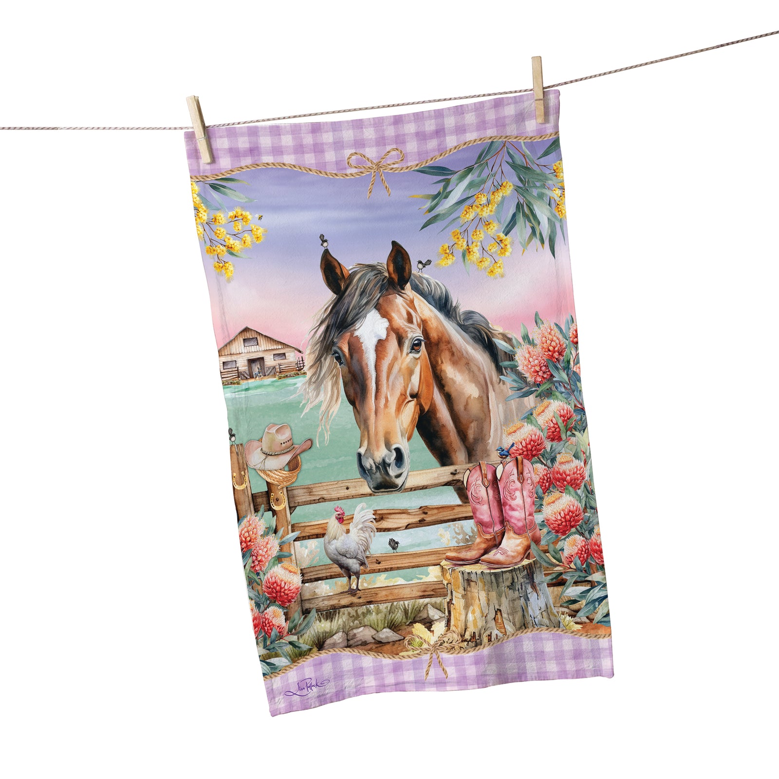 Lisa Pollock Country Dusk Tea Towel. Decorative towel with a horse and farm scene on a checkered background