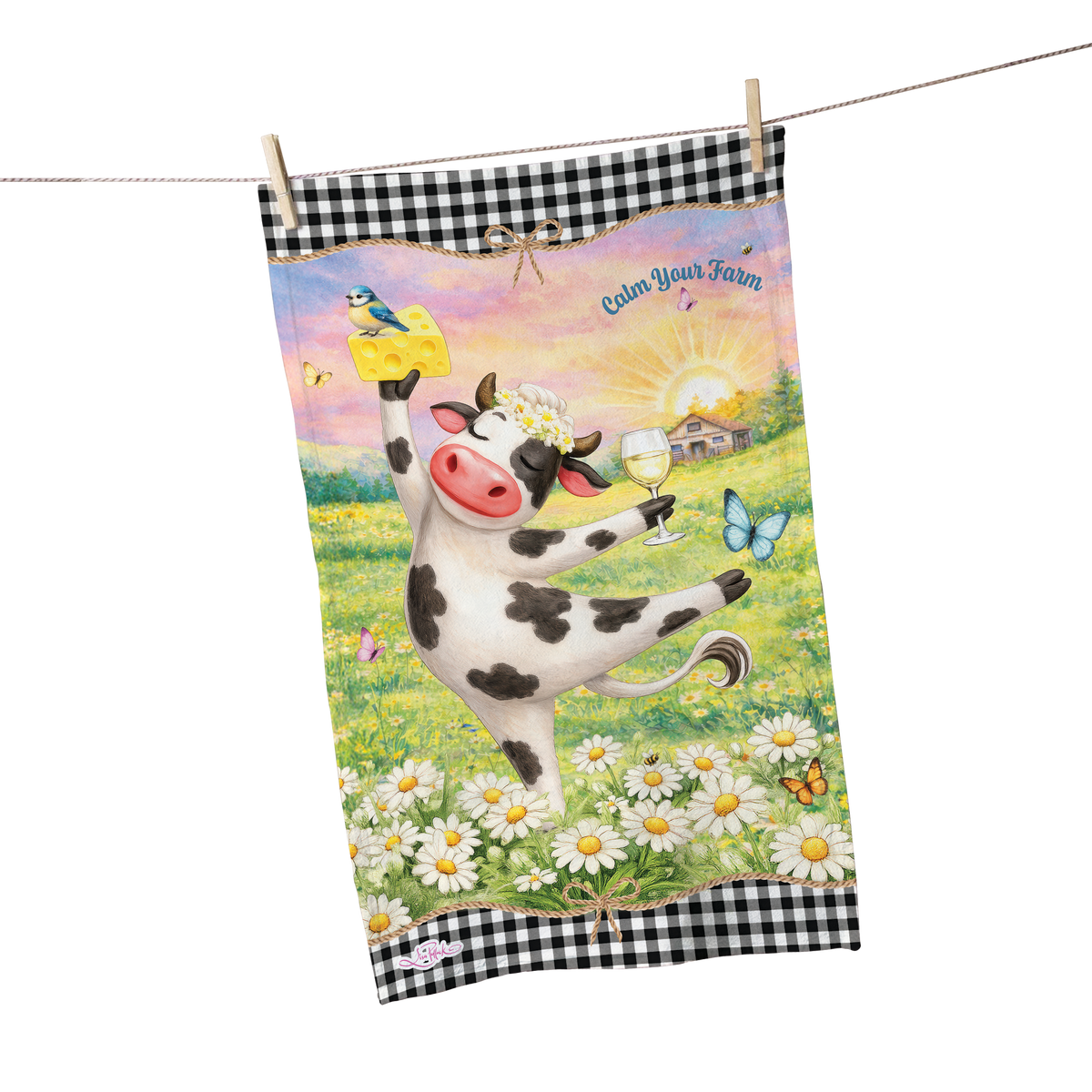 A decorative kitchen towel with a whimsical cartoon cow dancing in a flower field while holding a glass of wine and a block of cheese. The towel features a black-and-white gingham border at the top and bottom, with the text 'Calm Your Farm' printed near the upper right.