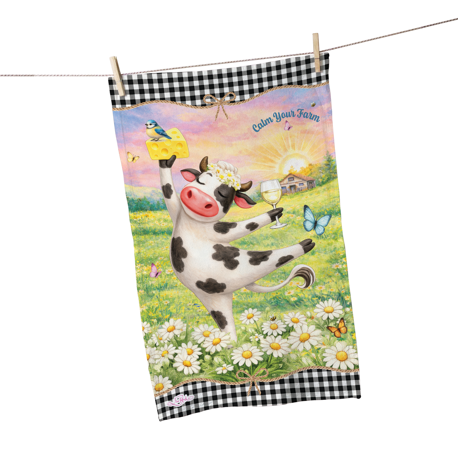 A decorative kitchen towel with a whimsical cartoon cow dancing in a flower field while holding a glass of wine and a block of cheese. The towel features a black-and-white gingham border at the top and bottom, with the text 'Calm Your Farm' printed near the upper right.