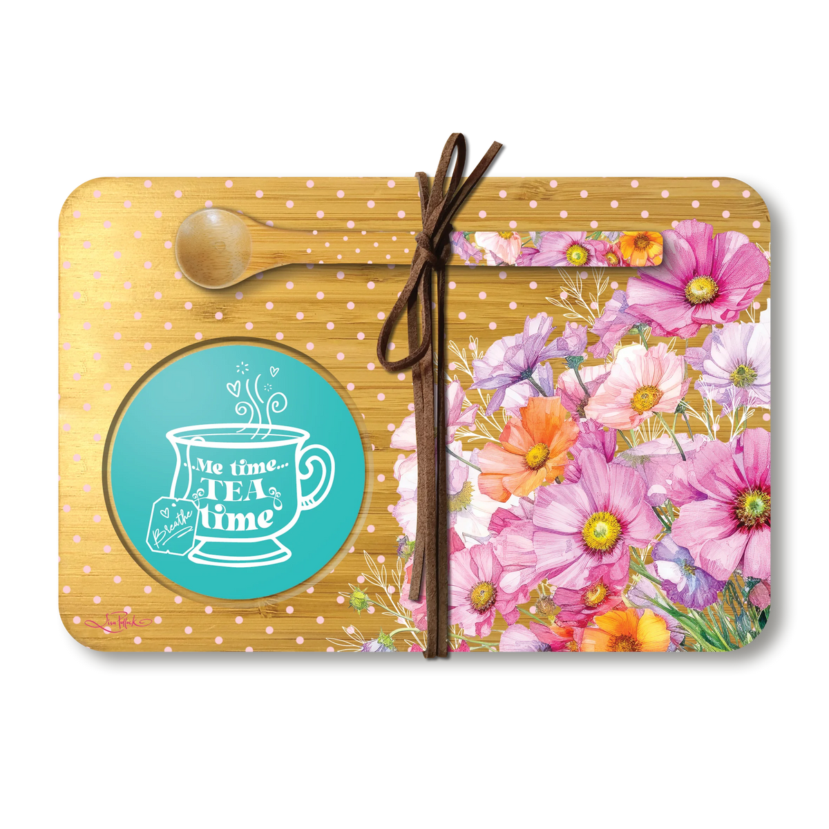 Lisa Pollock Wistful Wildflowers Tea Time Tray. Placemat with floral design, spoon, and &#39;Tea time&#39; coaster on a white background