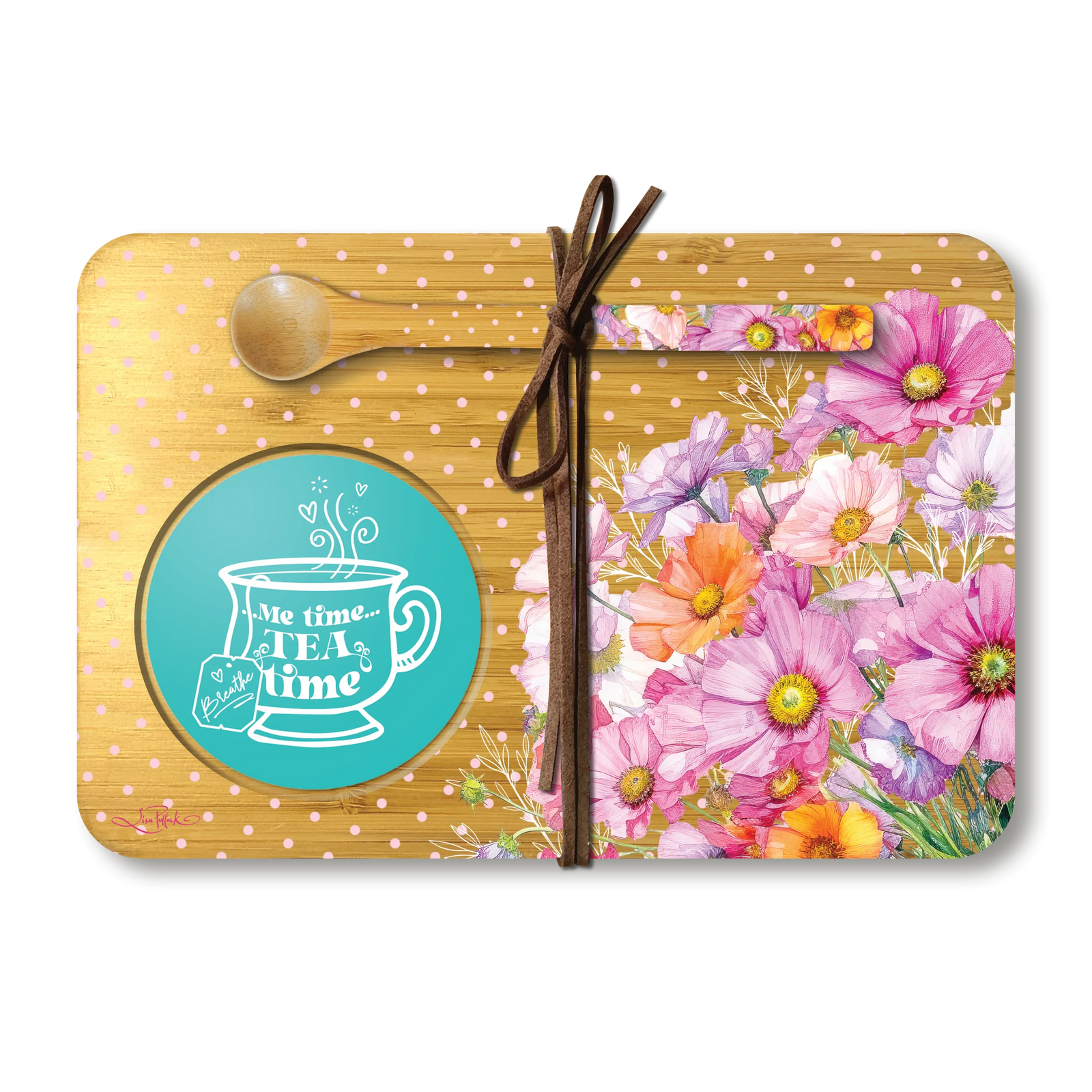 Lisa Pollock Wistful Wildflowers Tea Time Tray. Placemat with floral design, spoon, and 'Tea time' coaster on a white background