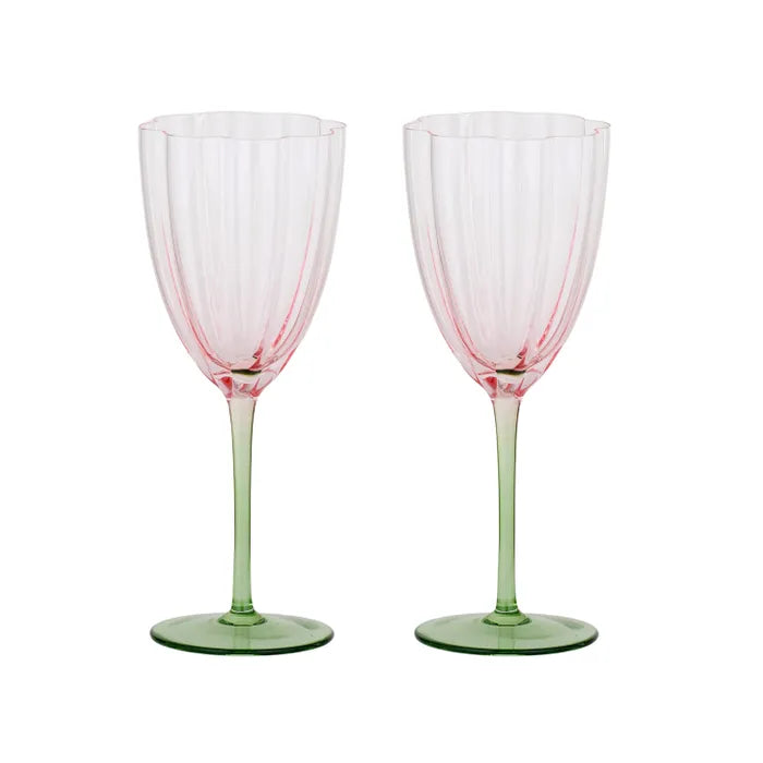 Lotti Tulip Wine Glass Set of 2. Two pink and green wine glasses on a white background