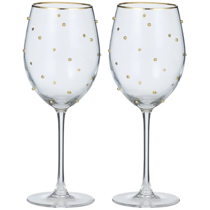 Gimlet Set of 2 Gold Wine Glasses. Two clear wine glasses with gold dots on a white background