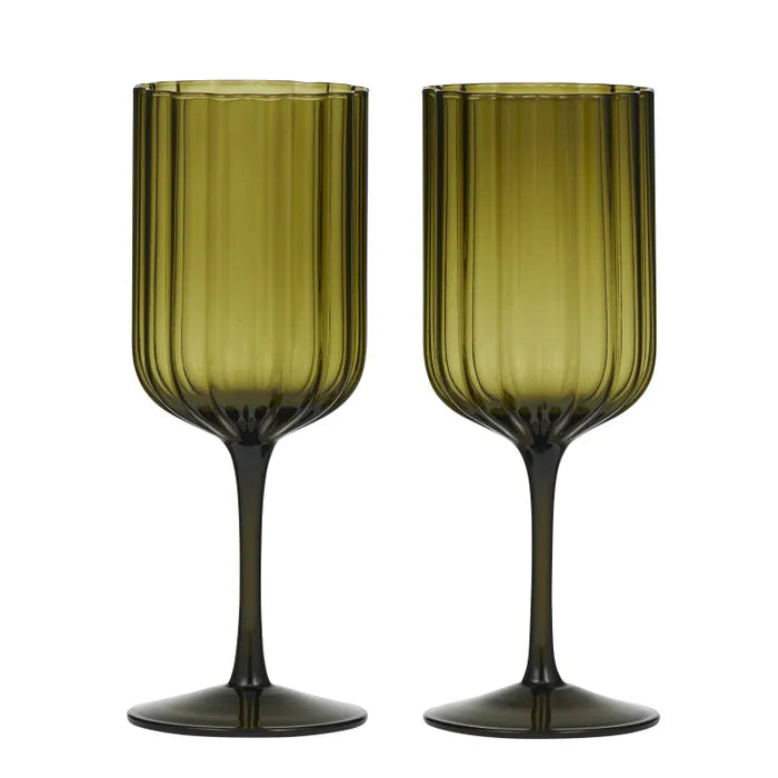 Hazel Set of 2 Wine Glass. Two green wine glasses on a white background