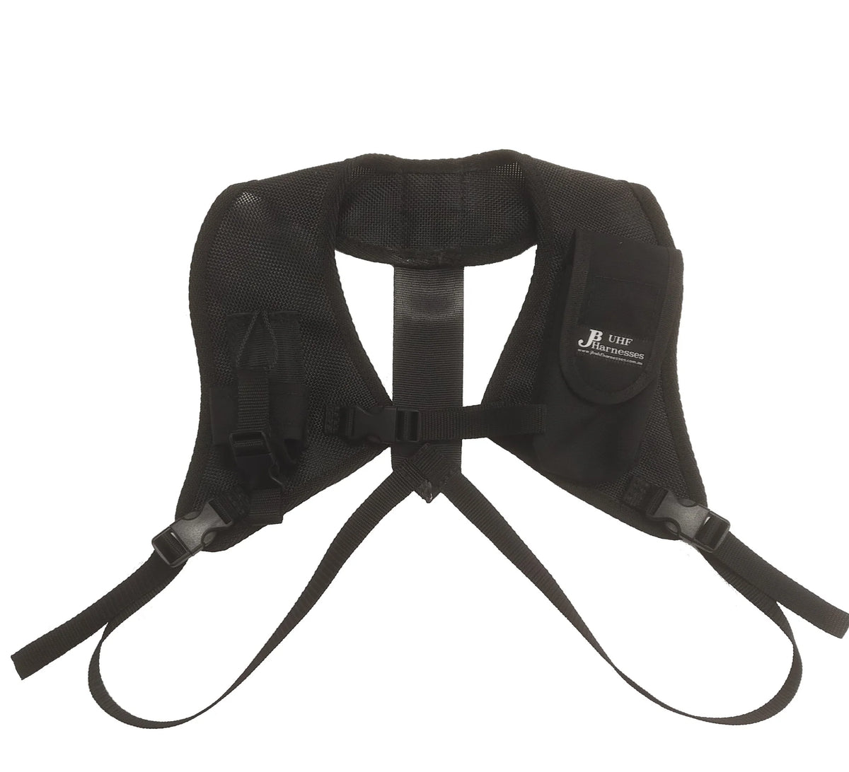 JB UHF Harnesses Double Shoulder Harness GME. Black life jacket with straps on a white background