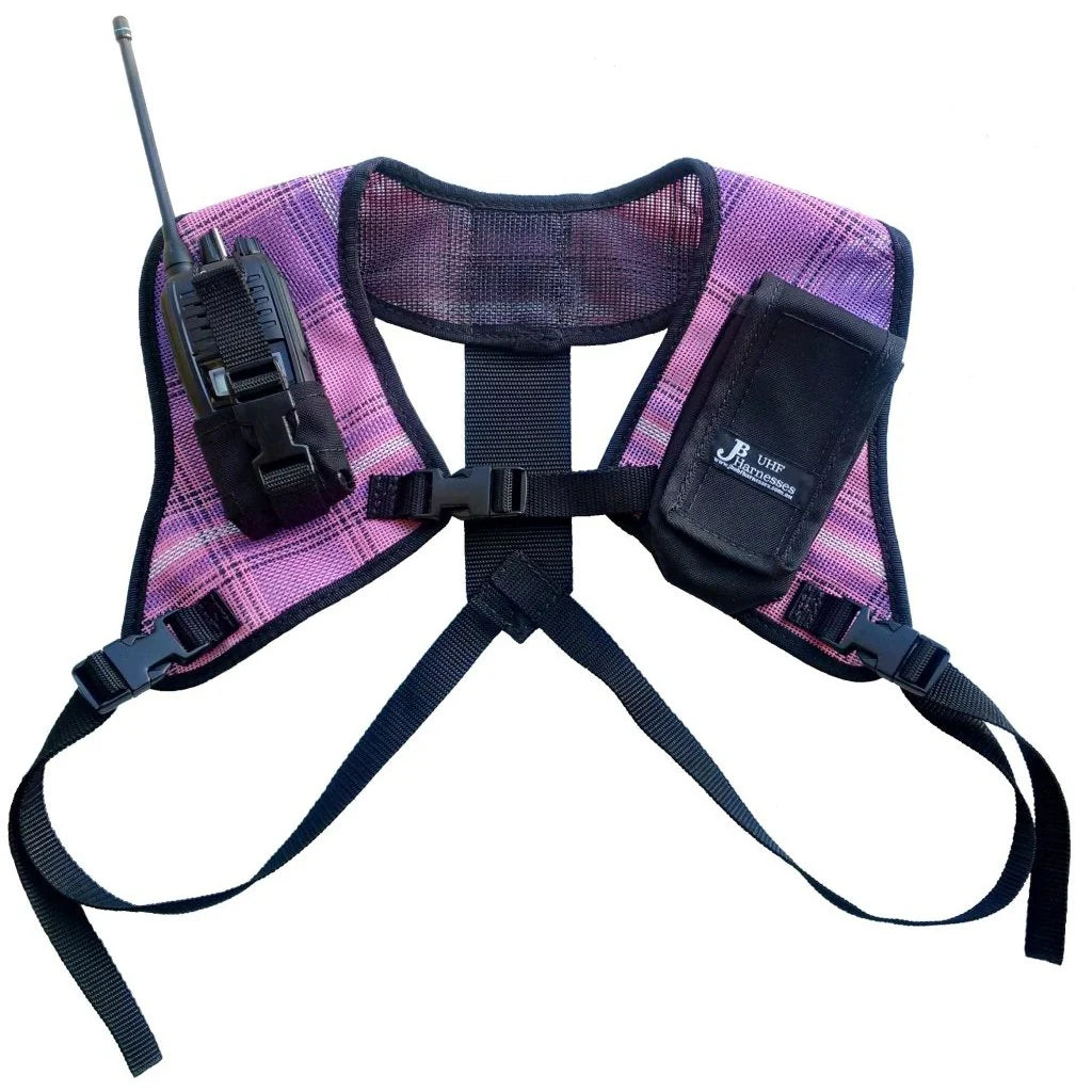 JB UHF Harnesses Double Shoulder Harness GME. Purple and black harness with radio and pouches on a white background