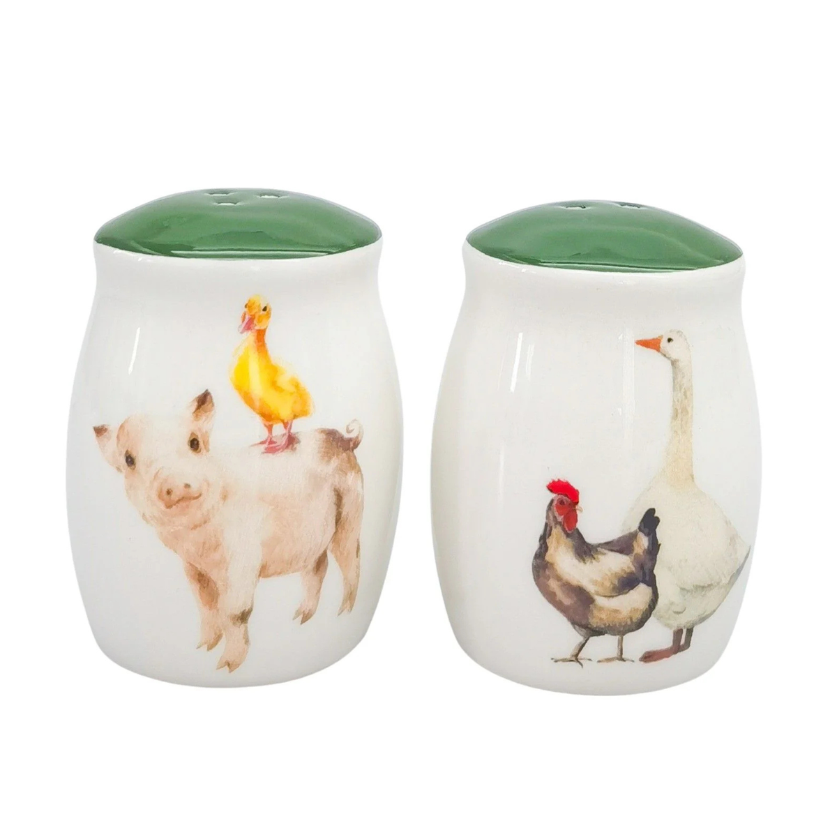 Urban Products Farm Yard Salt &amp; Pepper Shakers. Two ceramic containers with animal illustrations on a white background