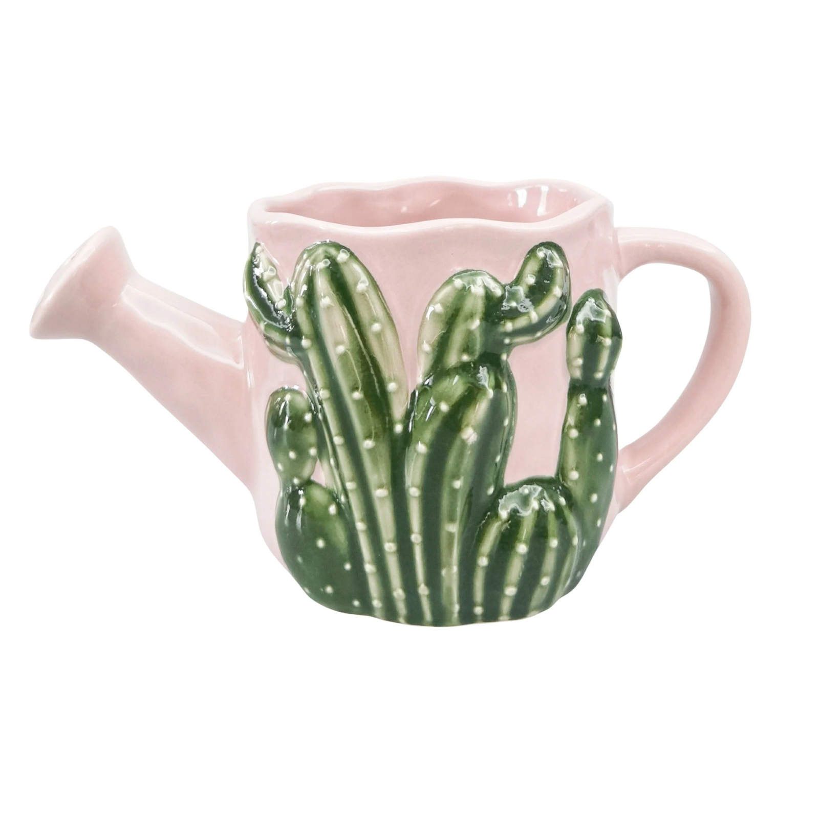 Urban Products Cactus Watering Can Planter. Pink teapot with green cactus design on a white background