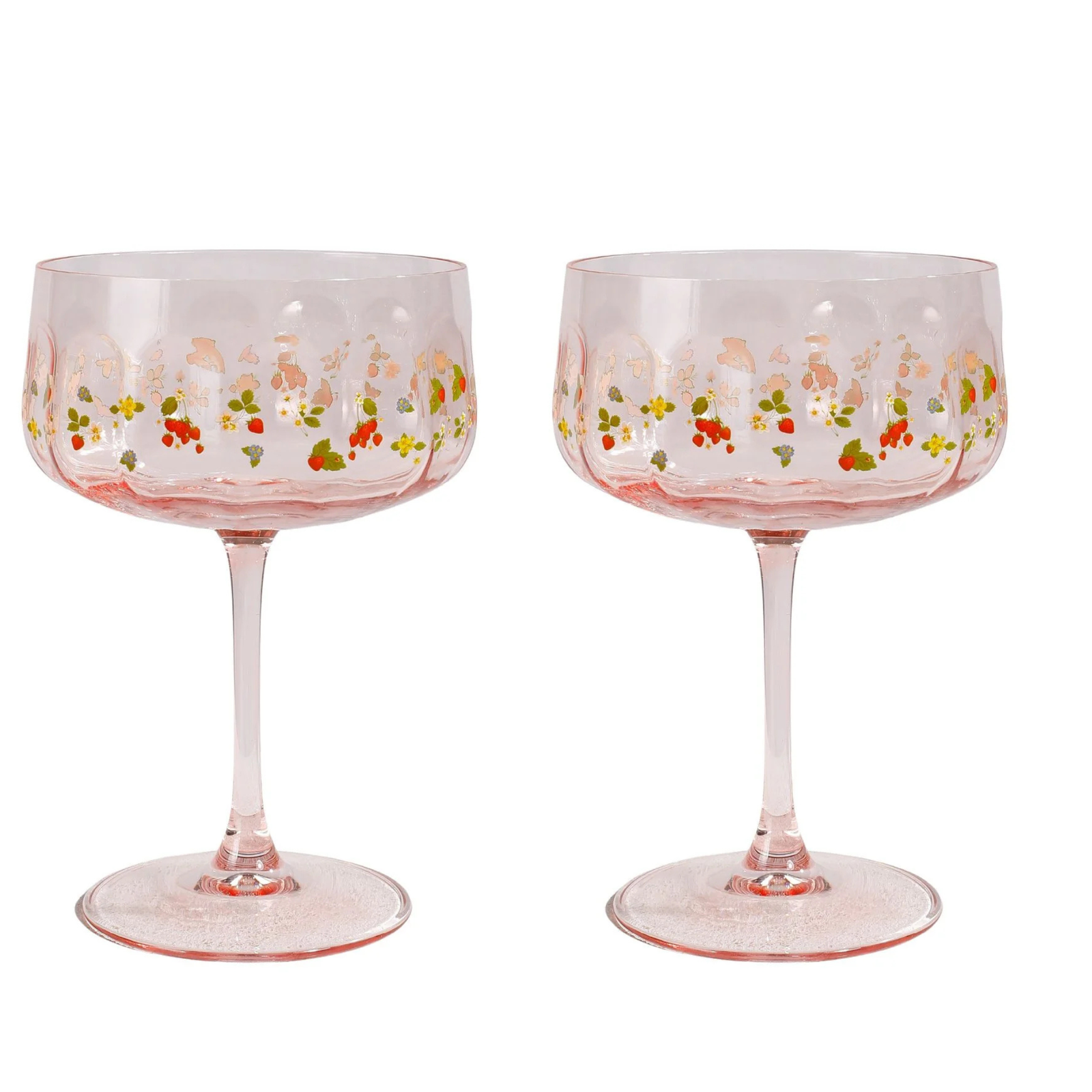 Urban Products Pink Strawberry Fields Floral Coupe Glass. Two pink floral-patterned wine glasses on a white background