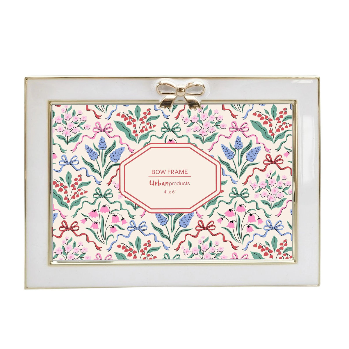 Urban Products Bow Landscape 4 x 6 Enamel Photo Frame. Decorative bow frame with floral and ribbon pattern on a white background