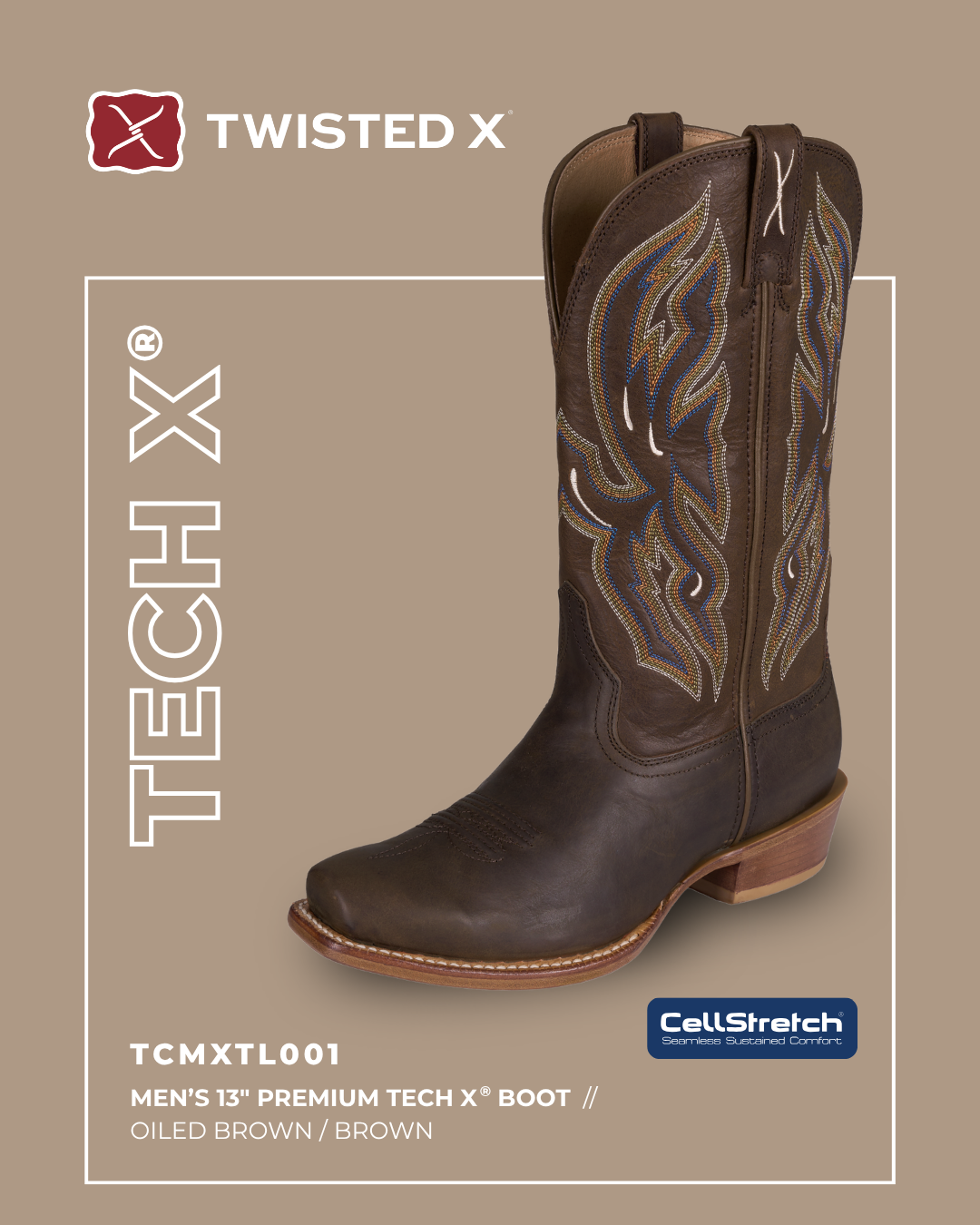 Brown cowboy boot with intricate stitching on a beige background, featuring the Twisted X brand.