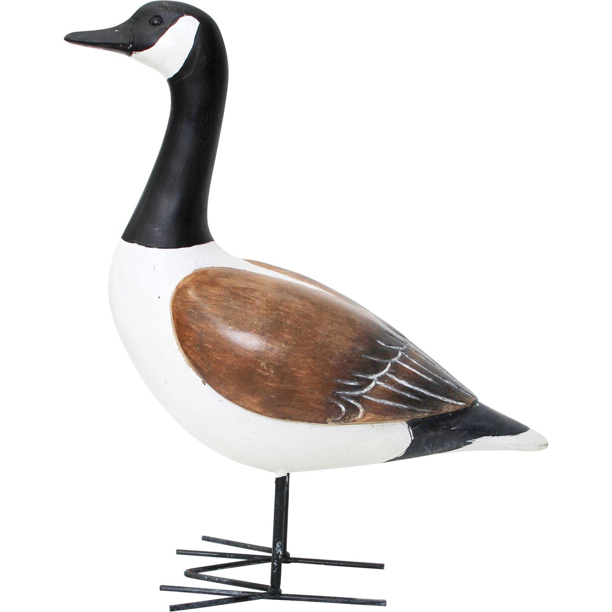 Standing Duck. Wooden goose decoy on a stand with a white background