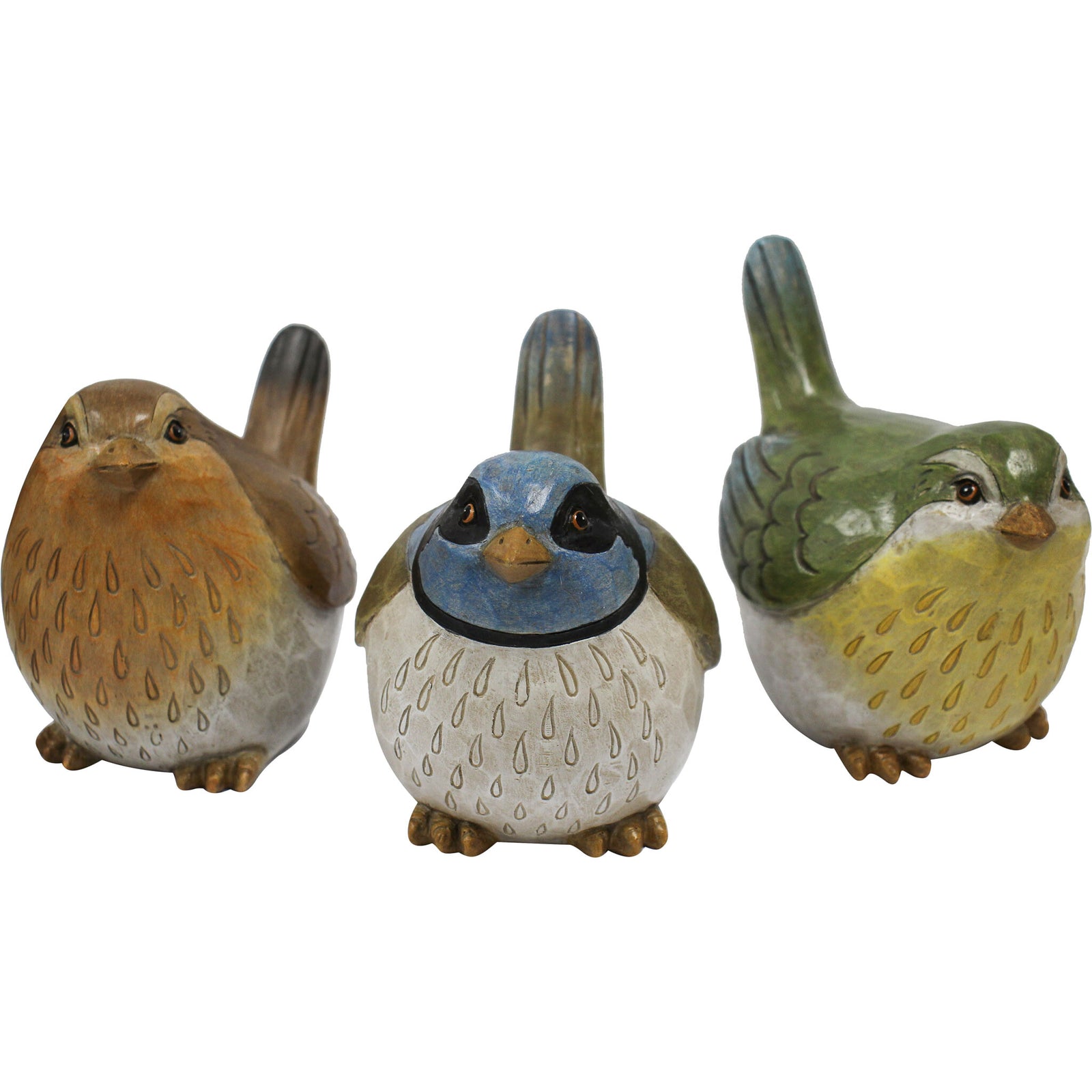 Set 3 Coloured Birds. Three colorful bird figurines on a white background