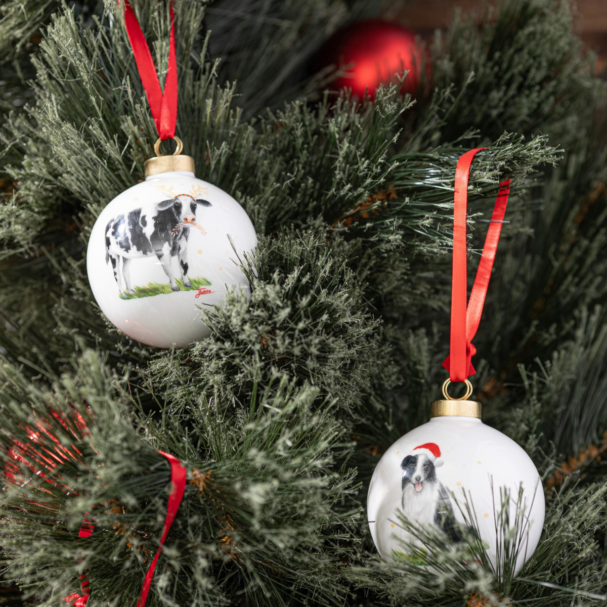 Two white Christmas bauble ornaments hanging on a frosted green tree. One ornament features a black-and-white cow on a patch of grass, and the other features a black-and-white dog wearing a red Santa hat.
