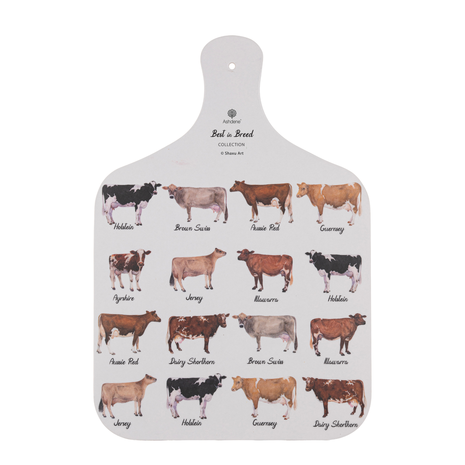 Paddle-shaped cutting board with cow breed illustrations on a white background