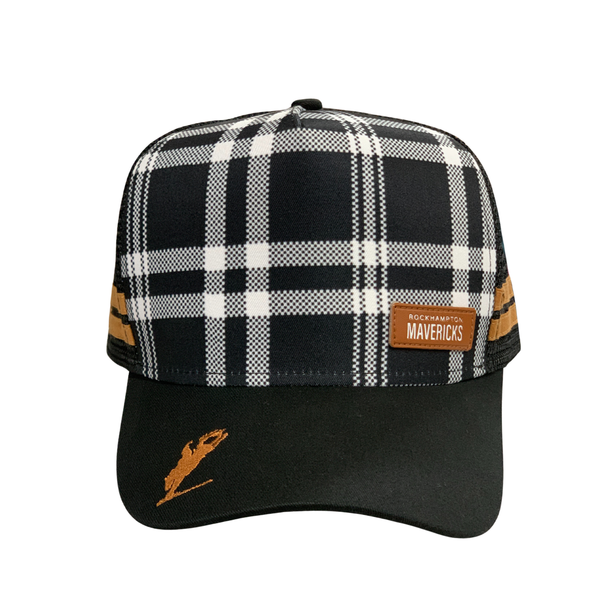 Plaid patterned cap with brown leather patch on a white background