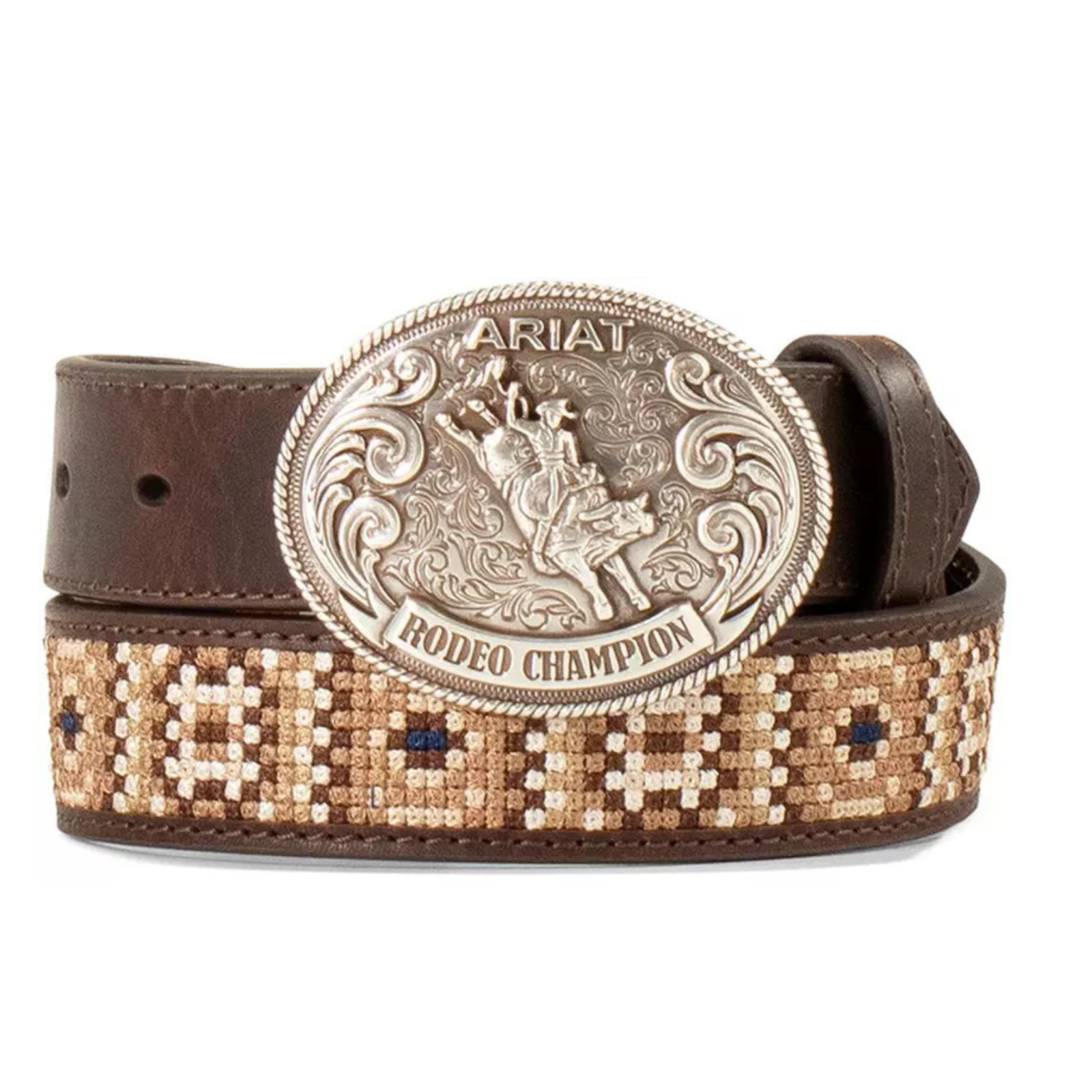 Brown leather belt with a decorative buckle on a white background