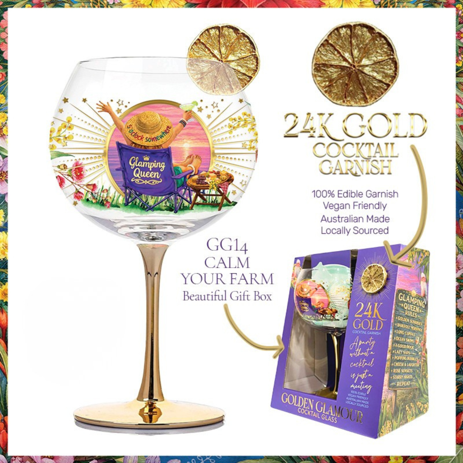 A clear wine glass with a 24K gold cocktail garnish featuring a printed 'Glamming Queen' illustration and a gold citrus wheel garnish, shown alongside its purple gift box and text describing the edible garnish.