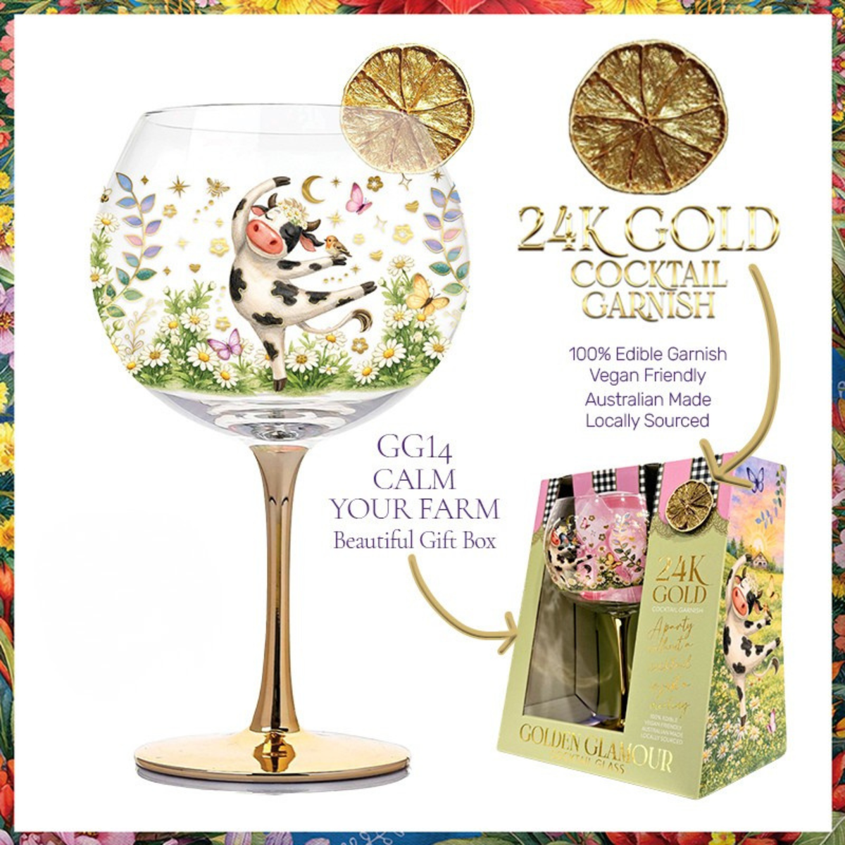 A wine glass with a 'Calm Your Farm' cow illustration and gold rim, shown alongside its green gift box and decorative gold garnish pieces on a white background with promotional text.