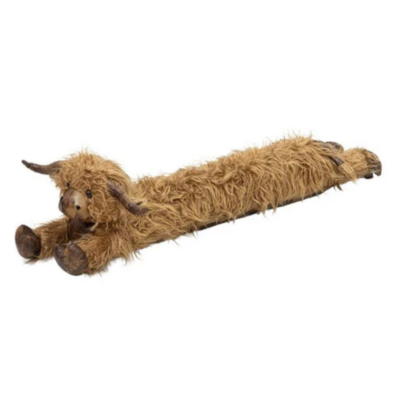 Door stopper made of brown plush material with a highland cow figure on a white background