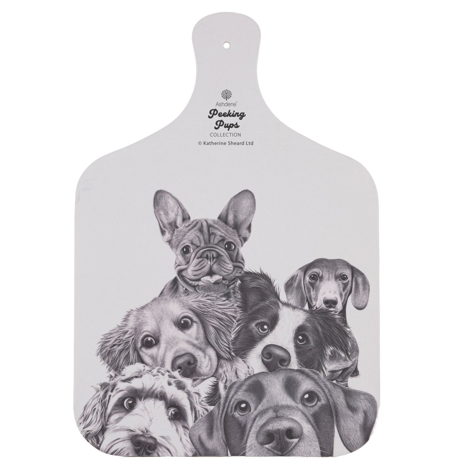 Paddle-shaped cutting board with black and white illustrations of dogs on a white background