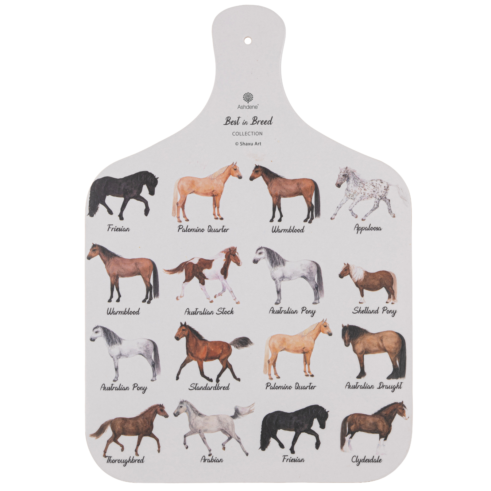 Punch Studio cutting board with illustrations of horse breeds on a white background