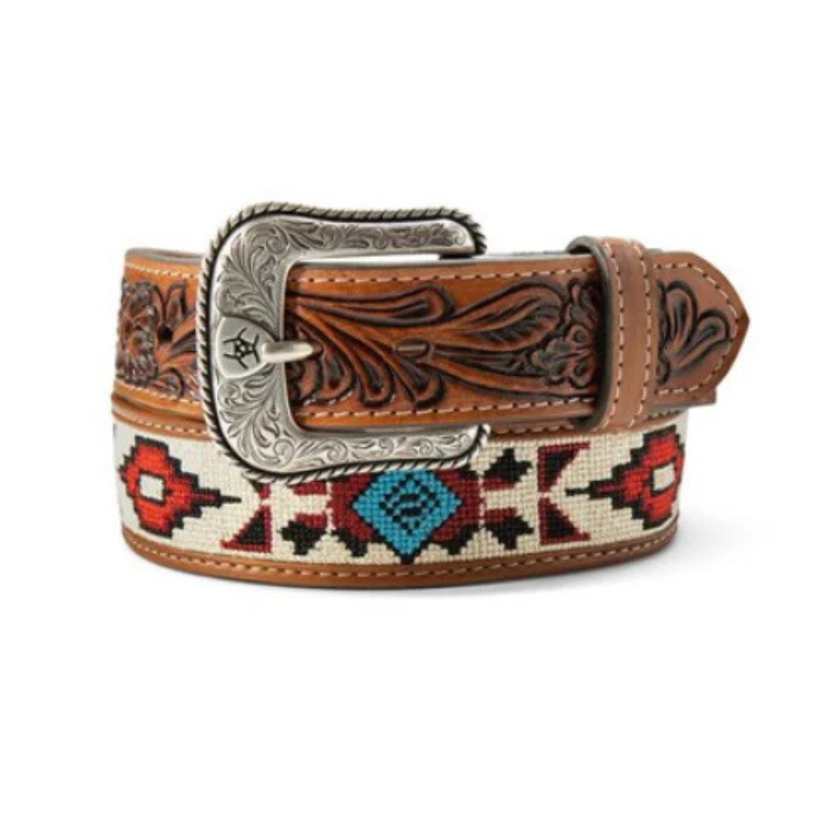 Belt with decorative buckle and patterned strap on a white background